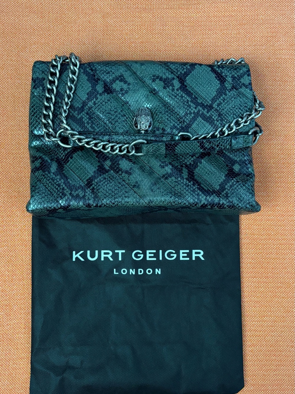 Kurt Geiger Dark Green Snake-Embossed Chain Crossbody Bag